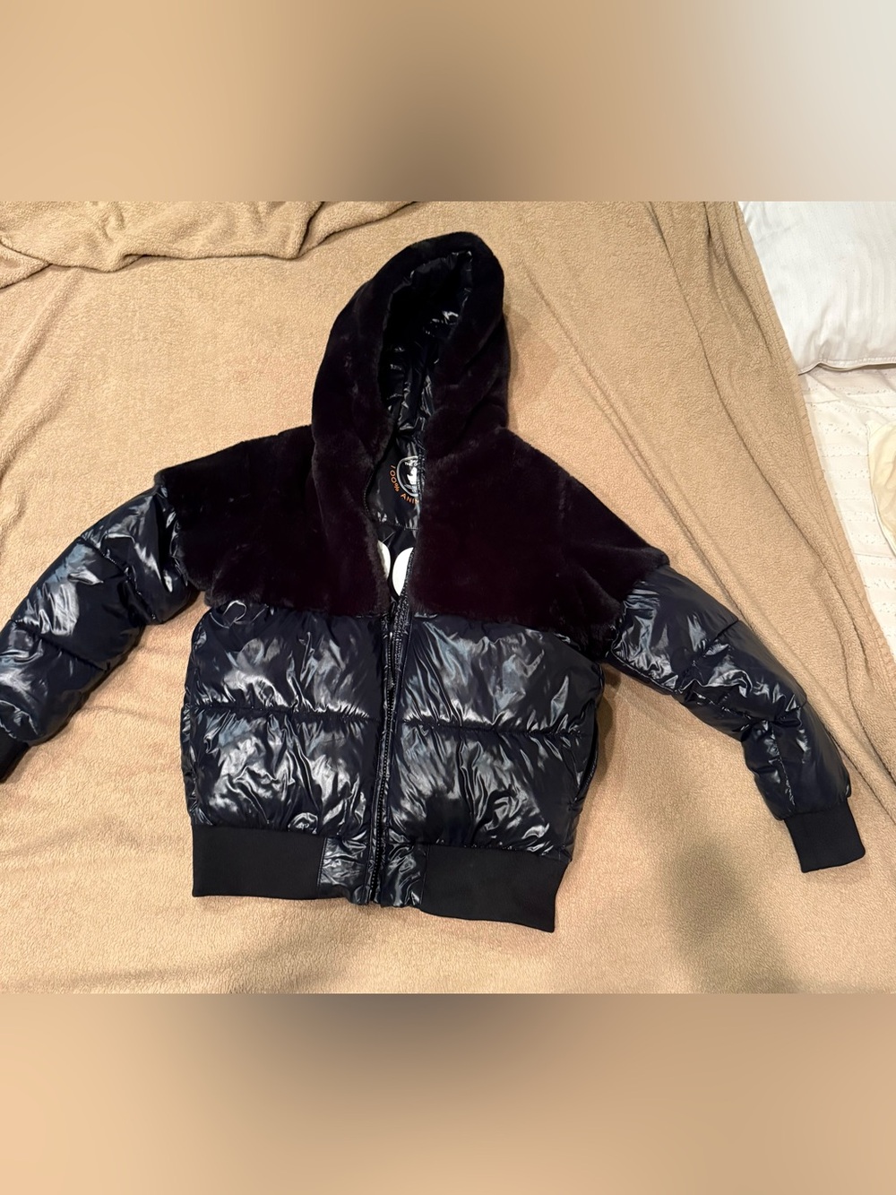 SAVE THE DUCK Black Hooded Puffer bomber Jacket with Faux Fur